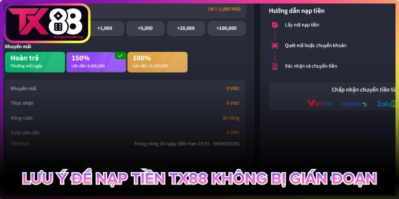 Lưu ý khi nạp tiền Tx88 tránh gián đoạn giao dịch
