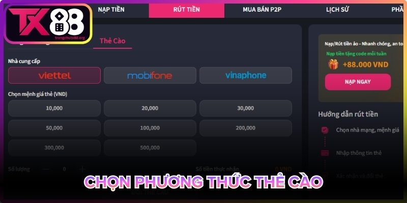 Rút bằng thẻ cào tiện lợi, thao tác đơn giản